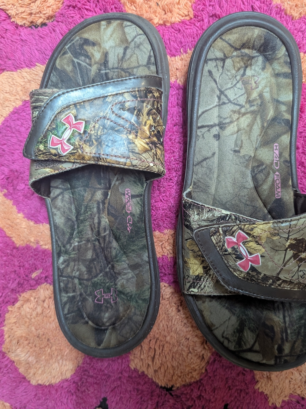 Under Armour Women's Camo Slide Sandals with Pink Logo Accents